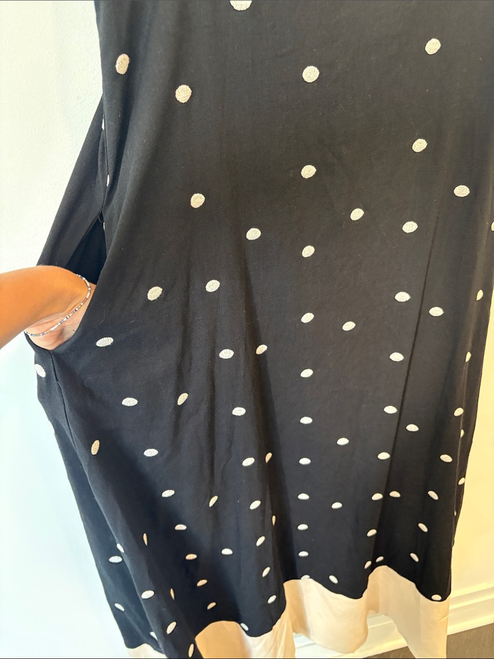 Maude Club linen Black Polka Dot Maxi Dress with Cream Trim Medium - Picture 3 of 8